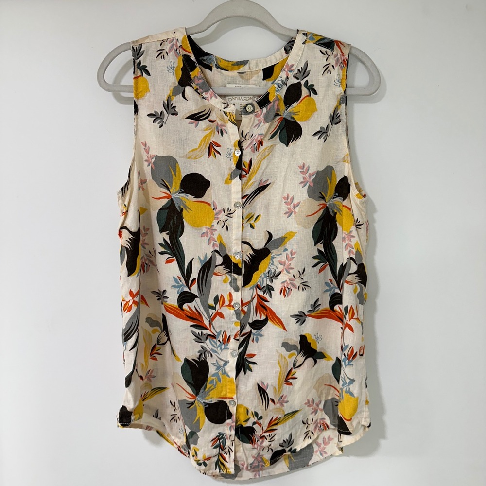 Cynthia Rowley Floral Linen Sleeveless Blouse Womens L Cream Yellow | Coastal